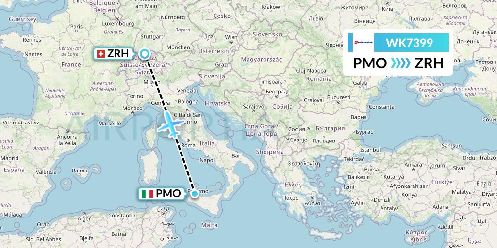 WK7399 Edelweiss Air Flight Map: Palermo to Zurich