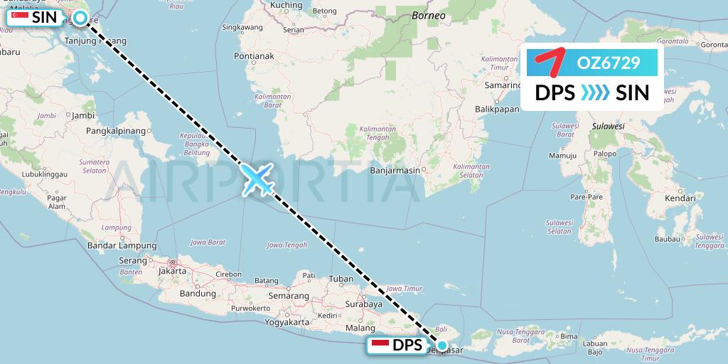 OZ6729 Asiana Airlines Flight Map: Denpasar to Singapore