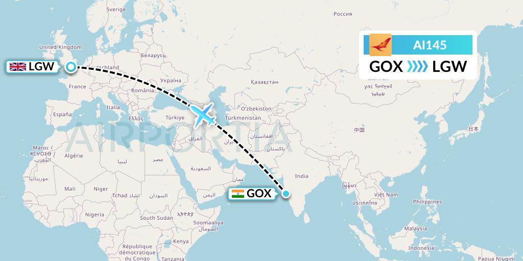 AI145 Air India Flight Map: Goa to London