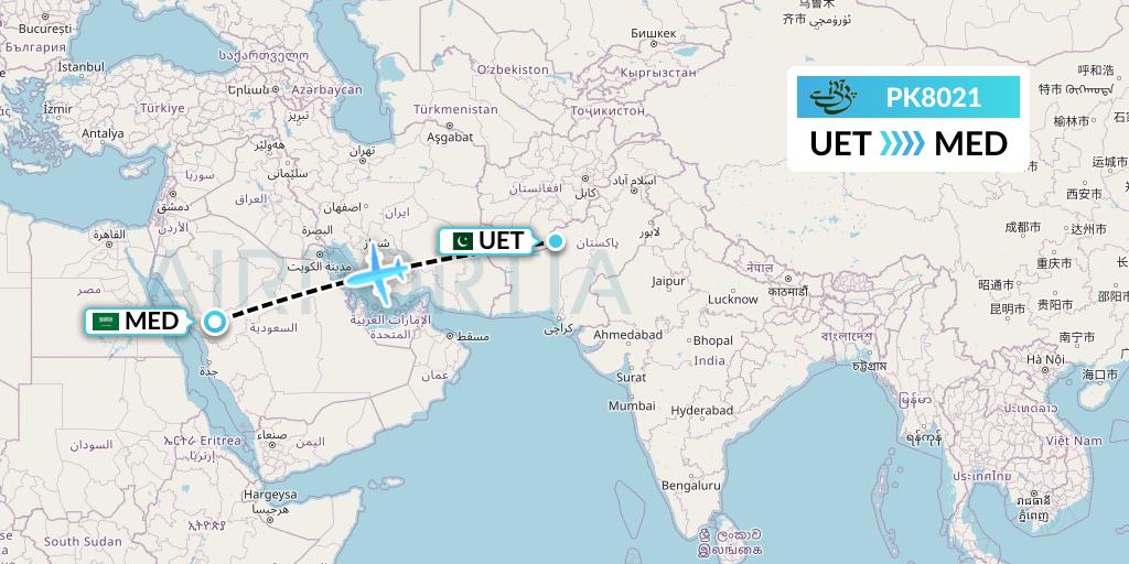 PK8021 Pakistan International Airlines Flight Map: Quetta to Medina