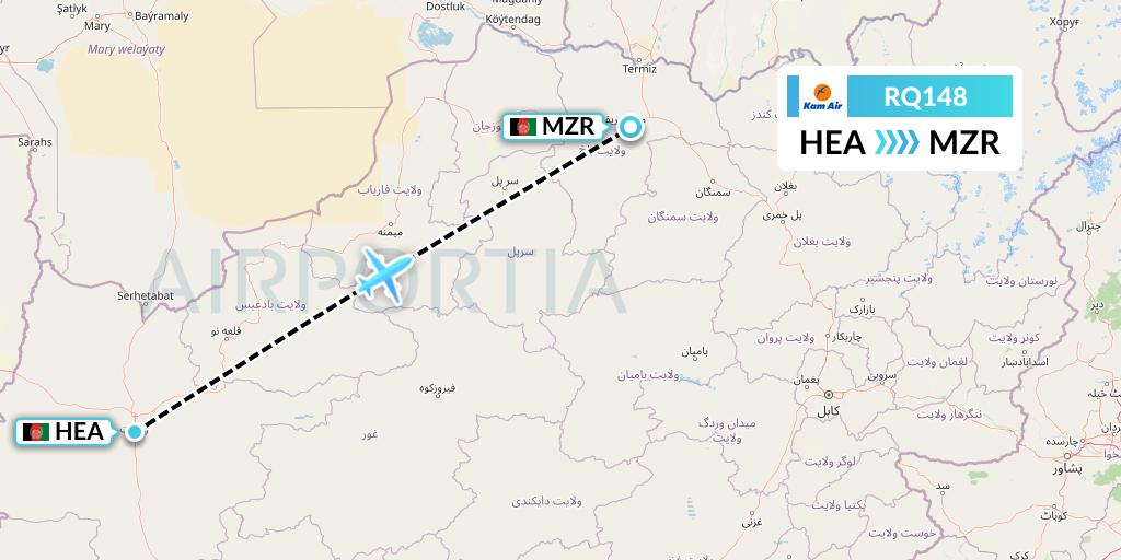RQ148 Kam Air Flight Map: Herat to Mazar-I-Sharif