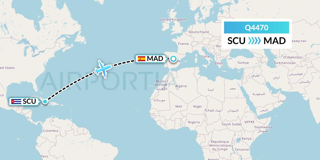 Q4470 Euroairlines Flight Map: Santiago de Cuba to Madrid