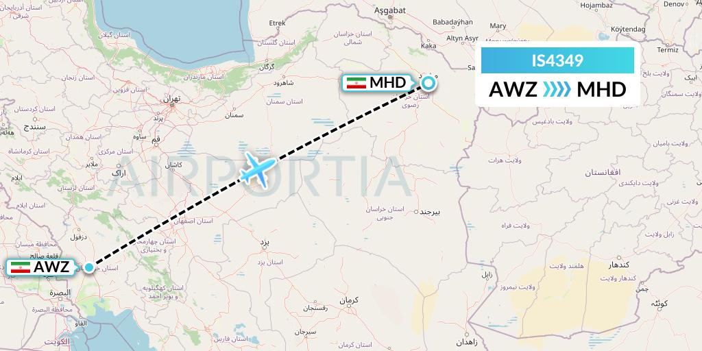 IS4349 Sepehran Airlines Flight Map: Ahvaz to Mashhad
