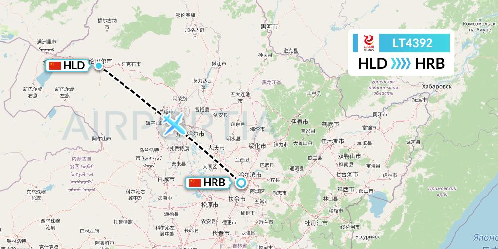 LT4392 LongJiang Airlines Flight Map: Hailar to Harbin
