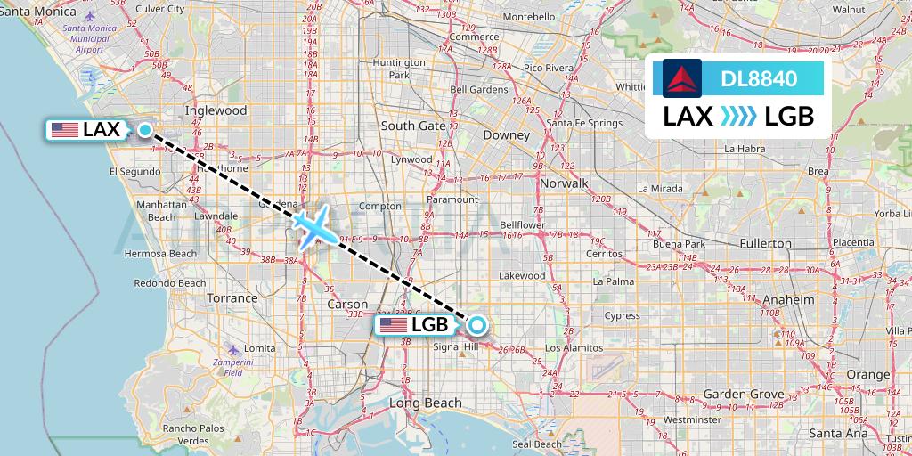 DL8840 Delta Air Lines Flight Map: Los Angeles to Long Beach