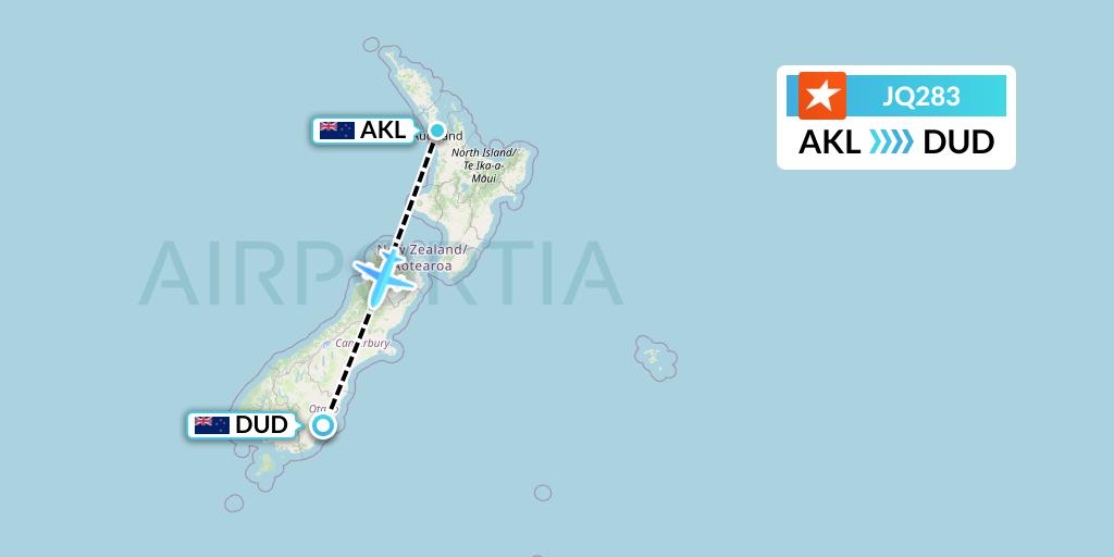JQ283 Jetstar Airways Flight Map: Auckland to Dunedin