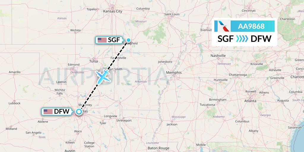 AA9868 American Airlines Flight Map: Springfield to Dallas