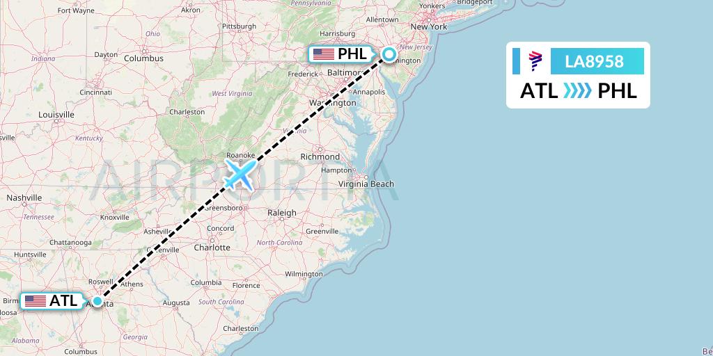 LA8958 LAN Airlines Flight Map: Atlanta to Philadelphia