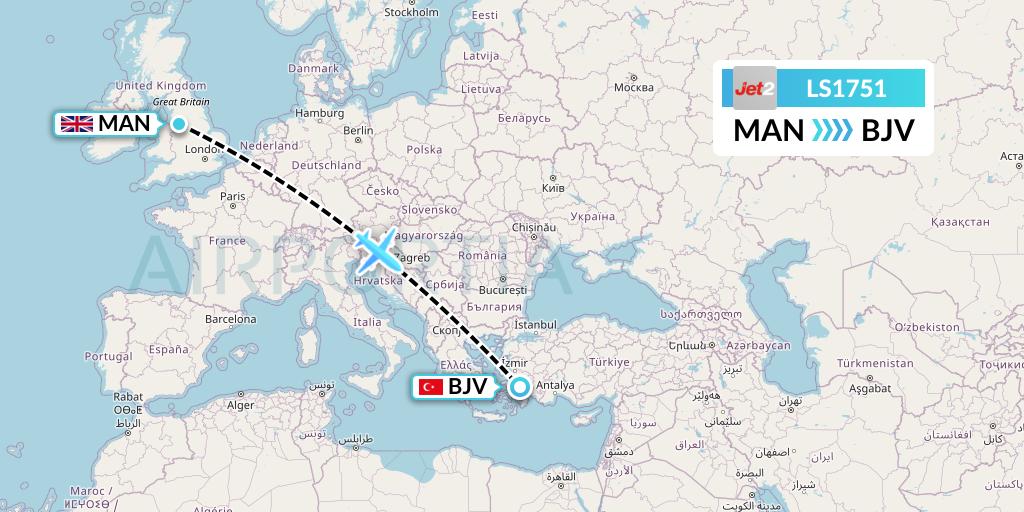 LS1751 Jet2 Flight Map: Manchester to Bodrum
