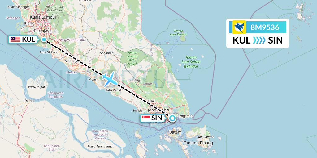 8M9536 Myanmar Airways International Flight Map: Kuala Lumpur to Singapore