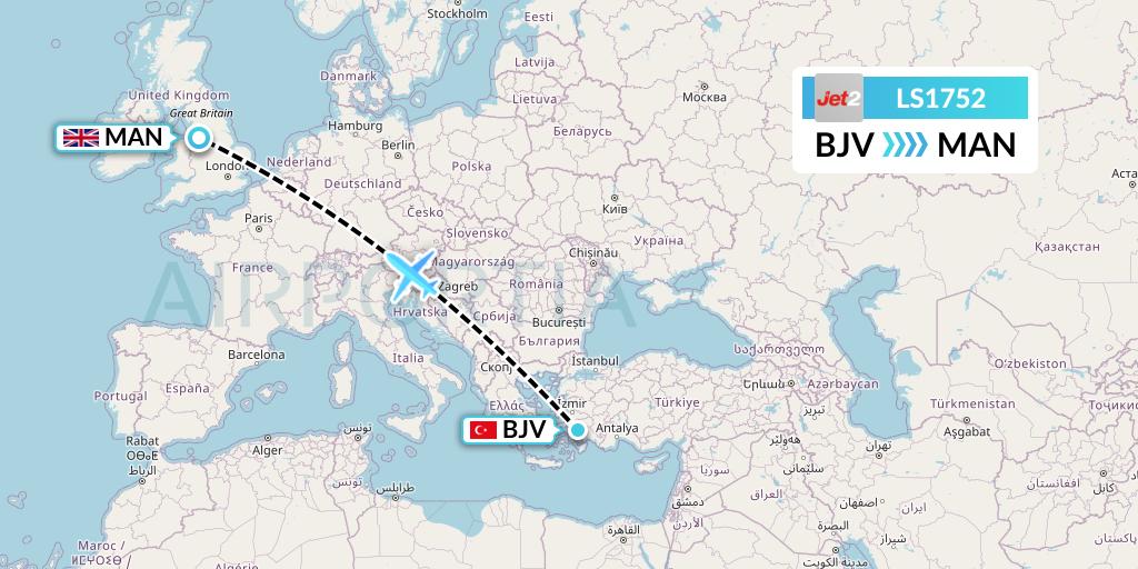 LS1752 Jet2 Flight Map: Bodrum to Manchester