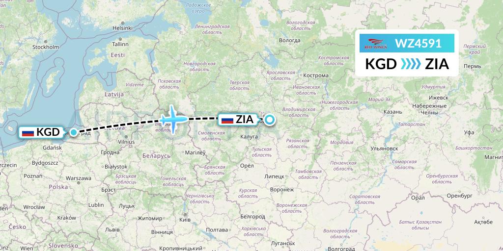 WZ4591 Red Wings Flight Map: Kaliningrad to Moscow