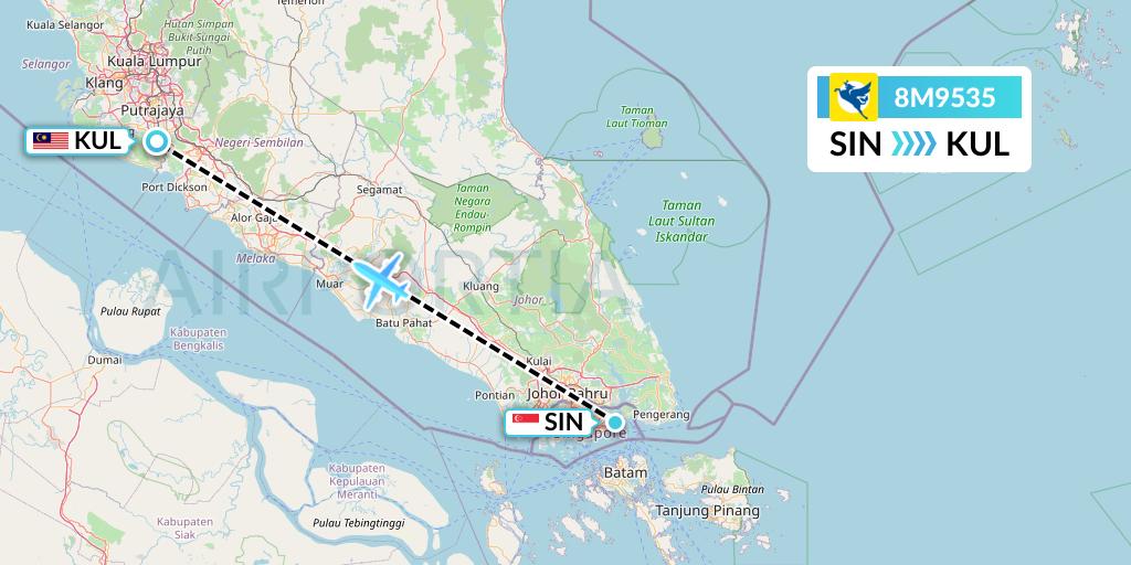 8M9535 Myanmar Airways International Flight Map: Singapore to Kuala Lumpur