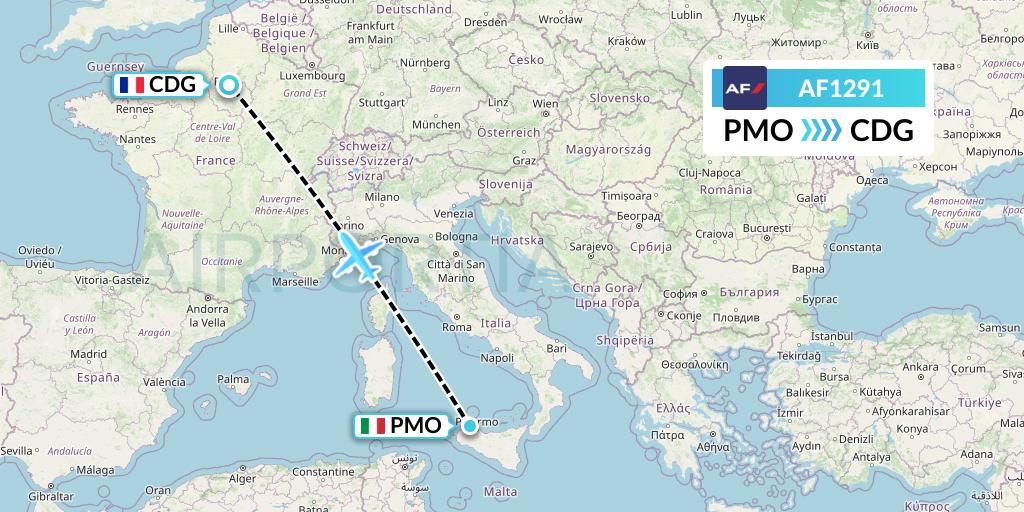AF1291 Air France Flight Map: Palermo to Paris