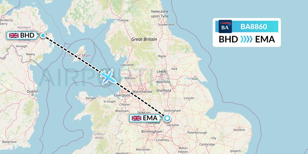 BA8860 British Airways Flight Map: Belfast to East Midlands