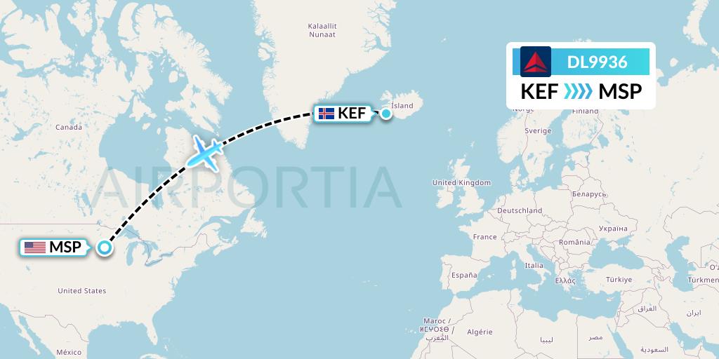 DL9936 Delta Air Lines Flight Map: Reykjavik to Minneapolis