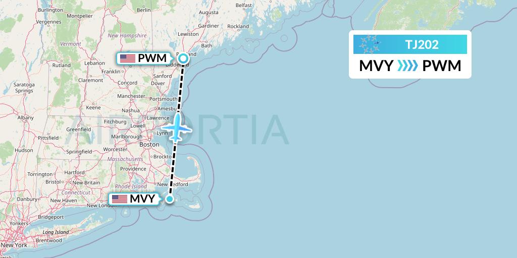 TJ202 Tradewind Aviation Flight Map: Martha's Vineyard to Portland