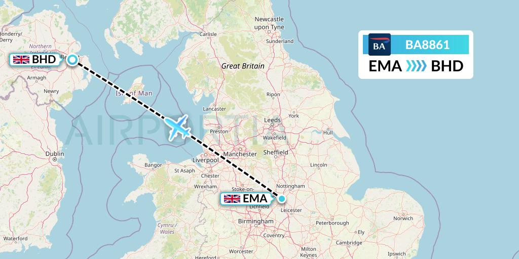 BA8861 British Airways Flight Map: East Midlands to Belfast
