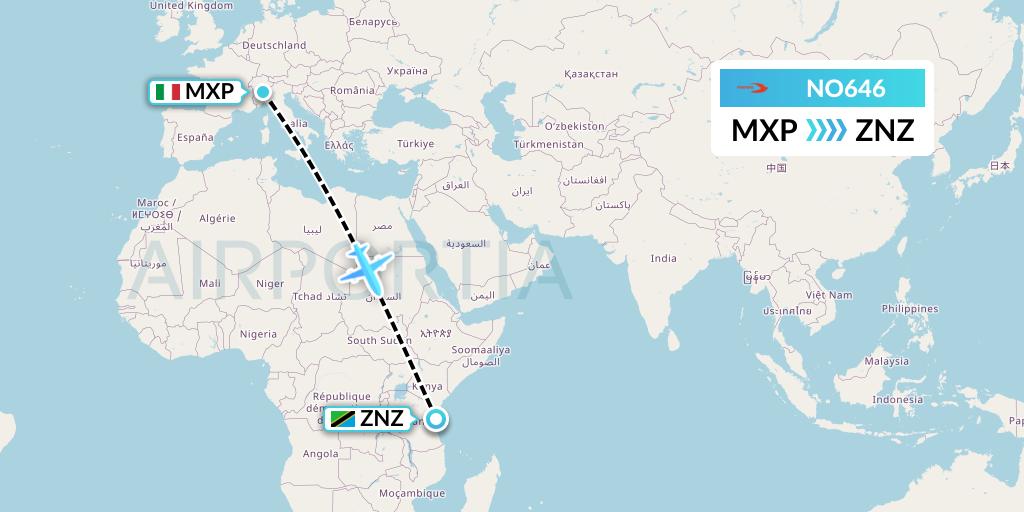 NO646 Neos Flight Map: Milan to Zanzibar