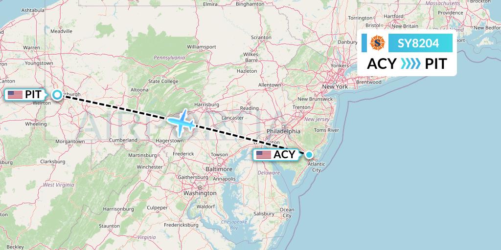 SY8204 Sun Country Airlines Flight Map: Atlantic City to Pittsburgh