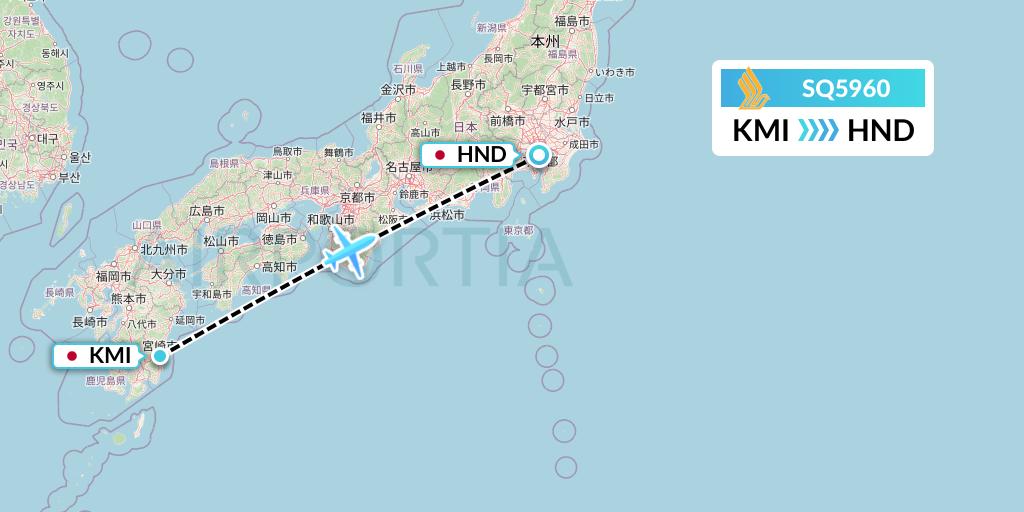 SQ5960 Singapore Airlines Flight Map: Miyazaki to Tokyo