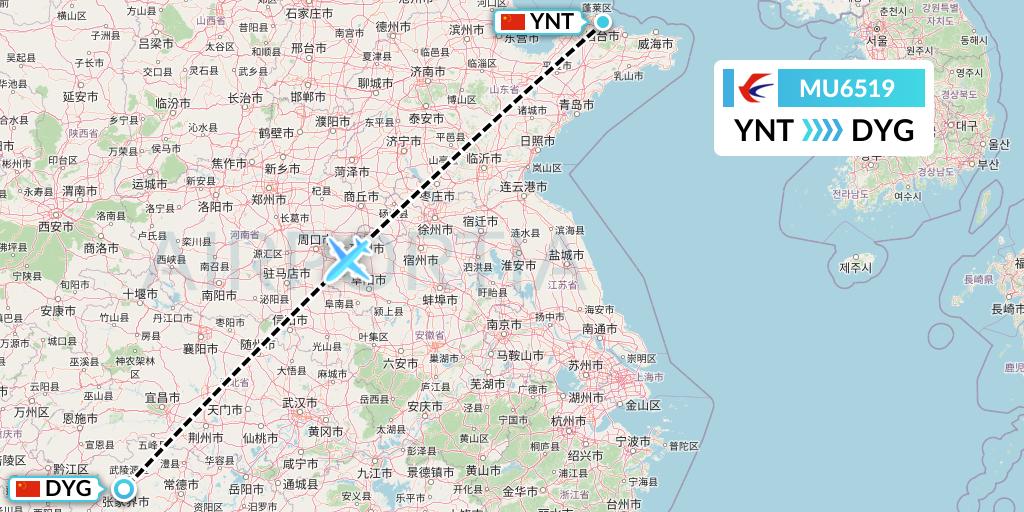 MU6519 China Eastern Airlines Flight Map: Yantai to Dayong