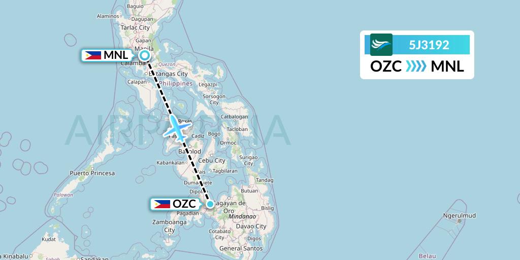 5J3192 CEBU Pacific Air Flight Map: Ozamiz to Manila