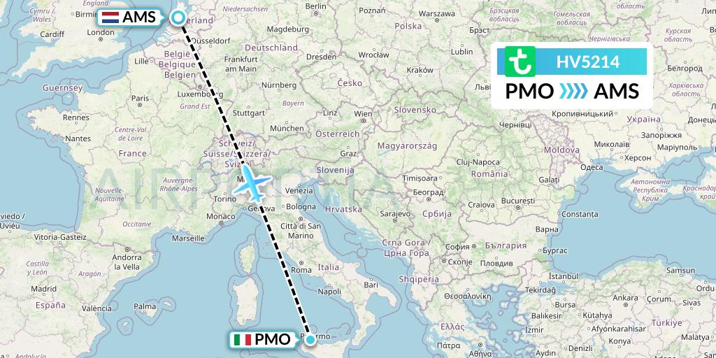HV5214 Transavia Flight Map: Palermo to Amsterdam