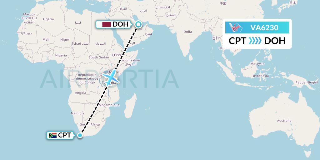 VA6230 Virgin Australia Flight Map: Cape Town to Doha
