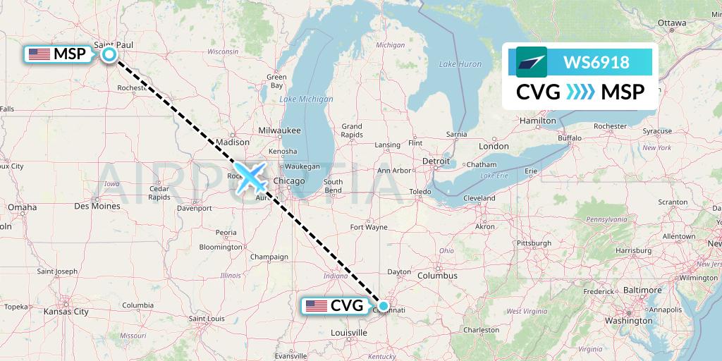 WS6918 WestJet Flight Map: Cincinnati to Minneapolis