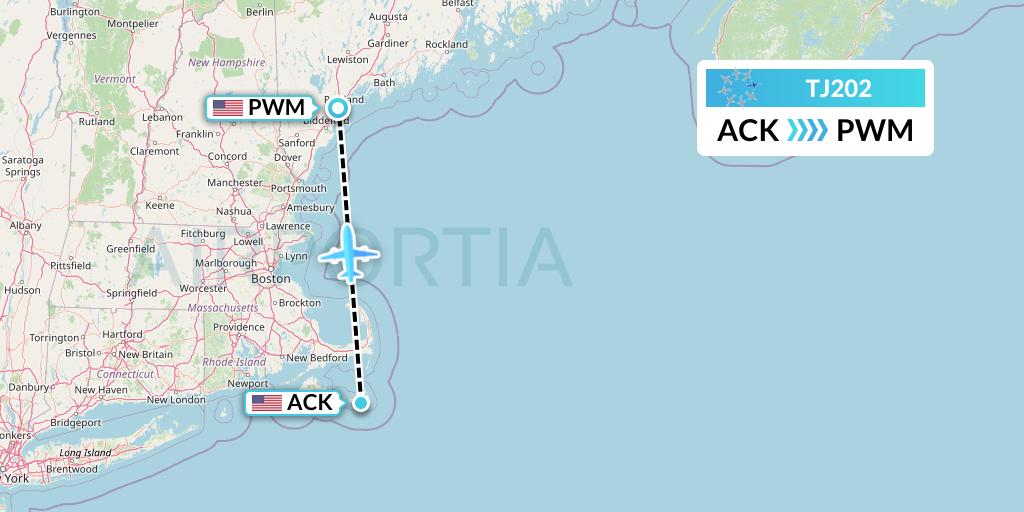 TJ202 Tradewind Aviation Flight Map: Nantucket to Portland