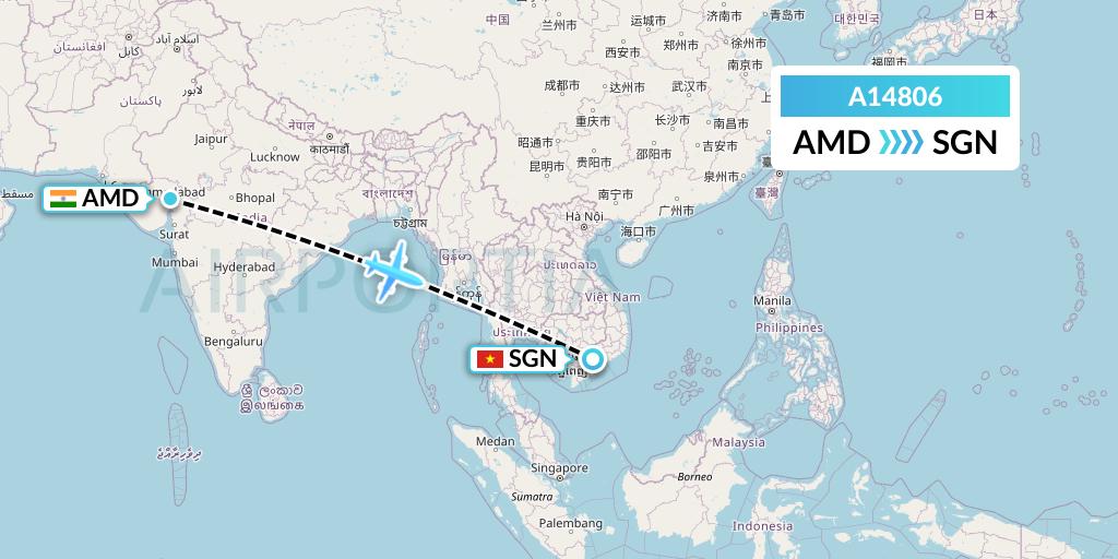 A14806 A.p.g. Distribution Systems Flight Map: Ahmedabad to Ho Chi Minh City