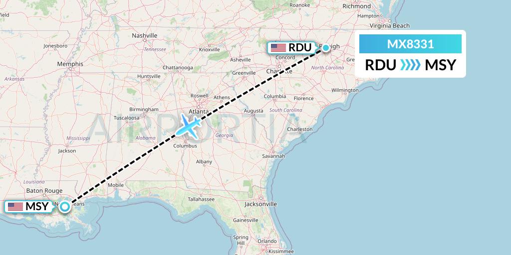 MX8331 Breeze Airways Flight Map: Raleigh-Durham to New Orleans
