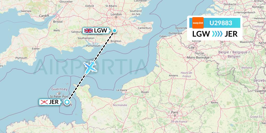 U29883 EasyJet Flight Map: London to Jersey