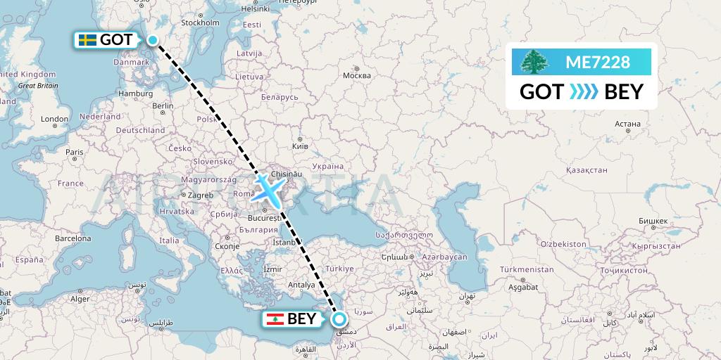 ME7228 MEA Flight Map: Gothenburg to Beirut