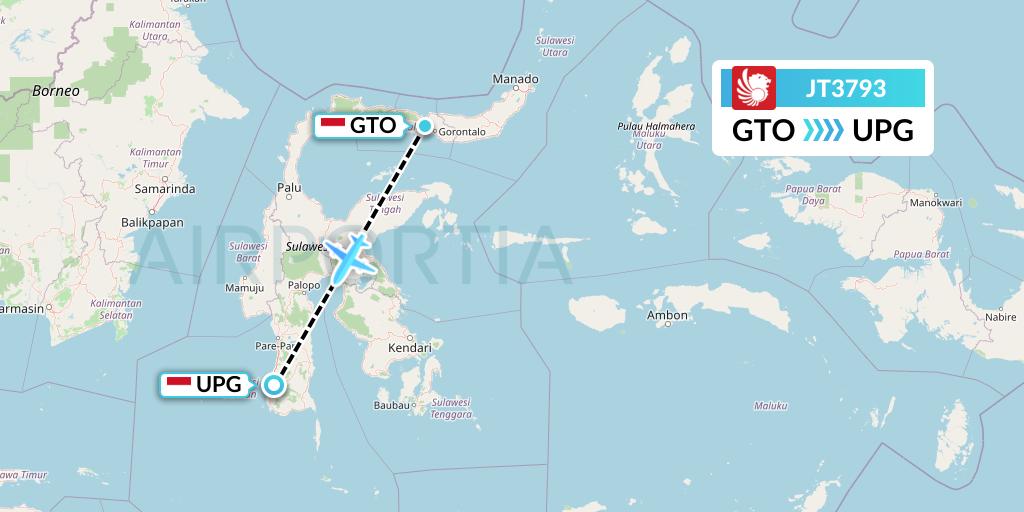JT3793 Lion Airlines Flight Map: Gorontalo to Makassar