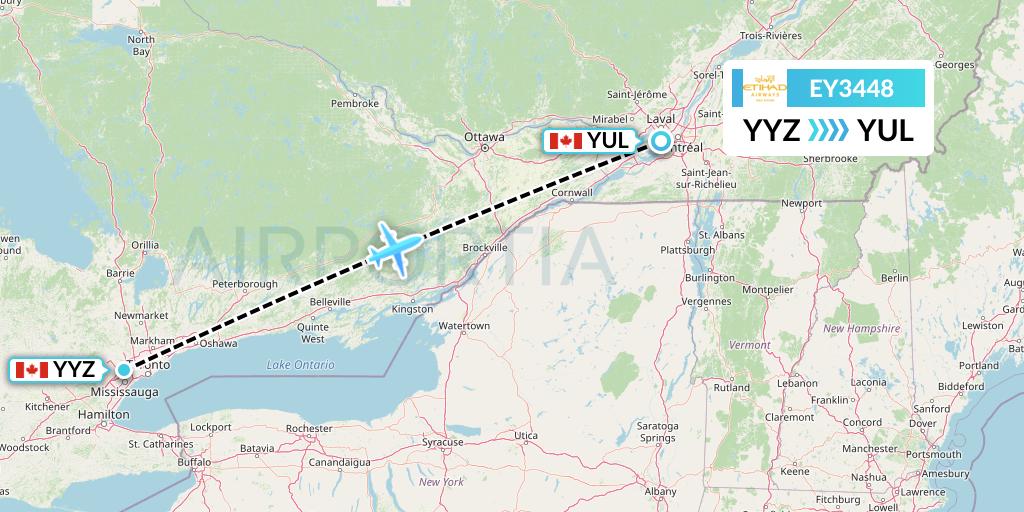 EY3448 Etihad Airways Flight Map: Toronto to Montreal