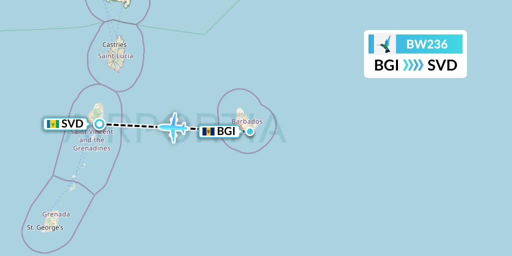 BW236 Caribbean Airlines Flight Map: Bridgetown to Kingstown