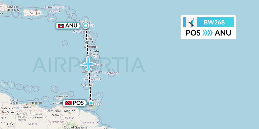 BW268 Caribbean Airlines Flight Map: Port of Spain to Antigua