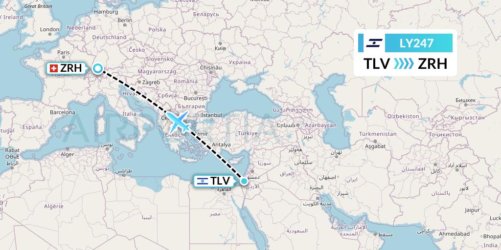 LY247 El Al Flight Map: Tel Aviv to Zurich