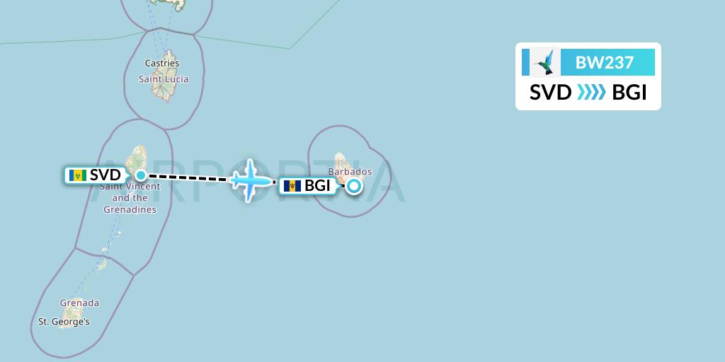 BW237 Caribbean Airlines Flight Map: Kingstown to Bridgetown
