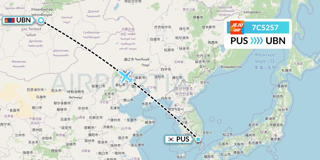 7C5257 Jeju Air Flight Map: Busan to Ulan Bator