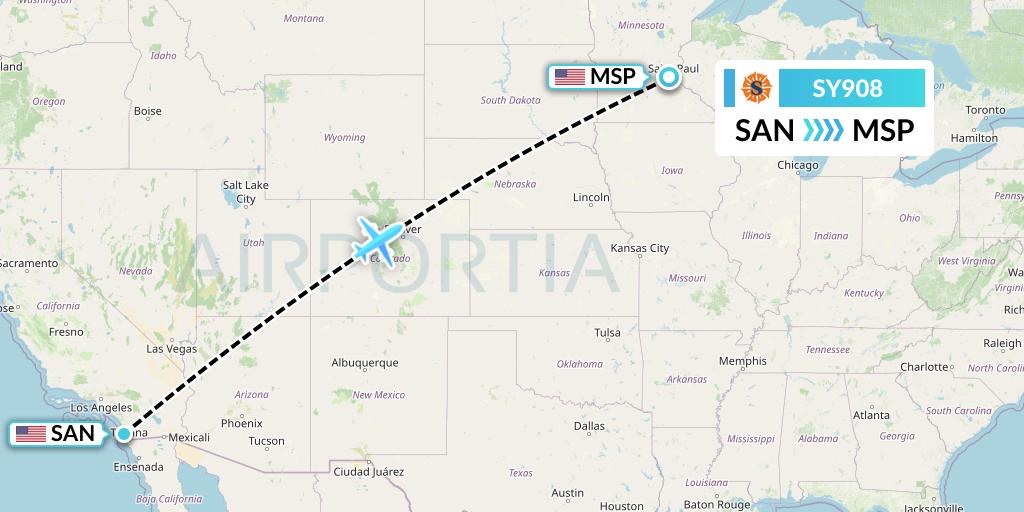 SY908 Sun Country Airlines Flight Map: San Diego to Minneapolis
