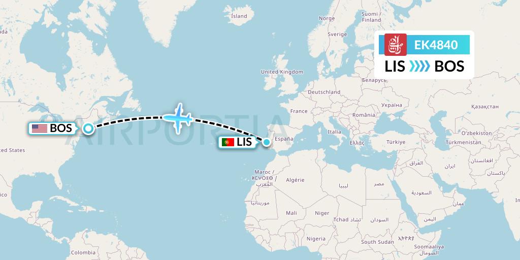EK4840 Emirates Flight Map: Lisbon to Boston