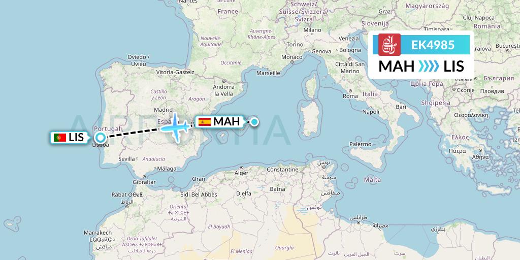 EK4985 Emirates Flight Map: Mahon to Lisbon