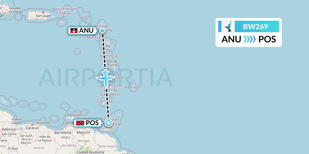 BW269 Caribbean Airlines Flight Map: Antigua to Port of Spain