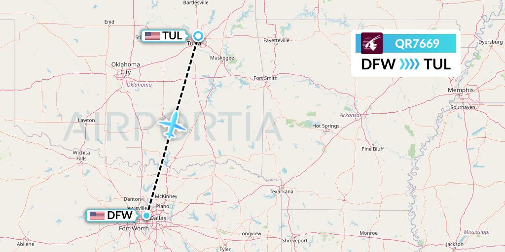 QR7669 Qatar Airways Flight Map: Dallas to Tulsa