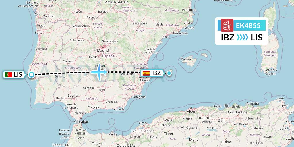 EK4855 Emirates Flight Map: Ibiza to Lisbon