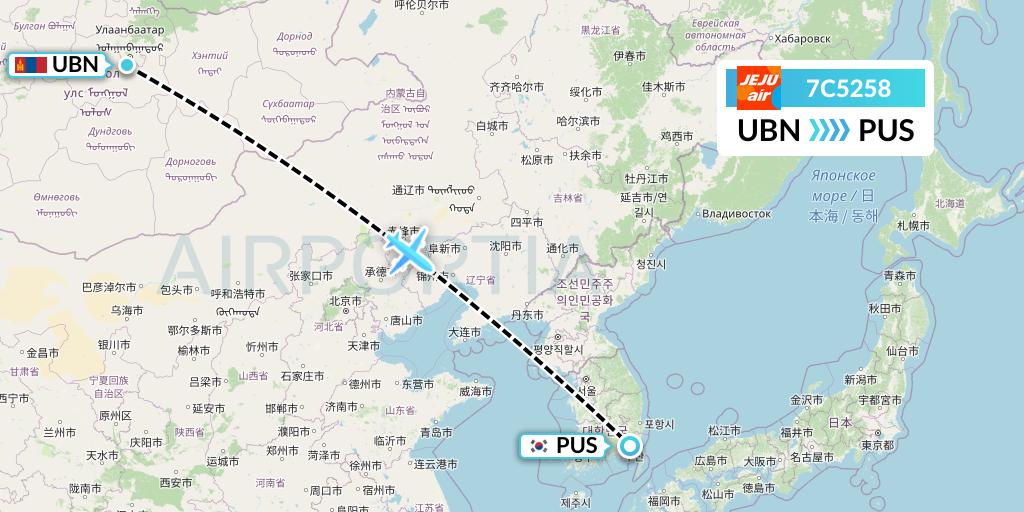 7C5258 Jeju Air Flight Map: Ulan Bator to Busan