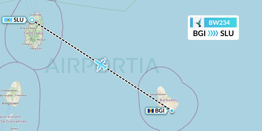 BW234 Caribbean Airlines Flight Map: Bridgetown to Castries